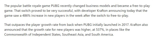 《绝地求生》成为免费后一周内玩家增长率达到486%