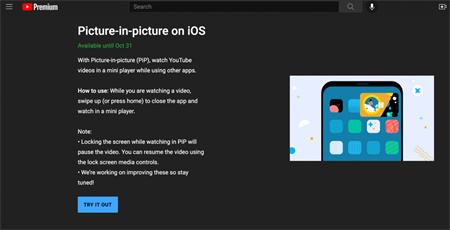 YouTube取消iOS版App的画中画功能